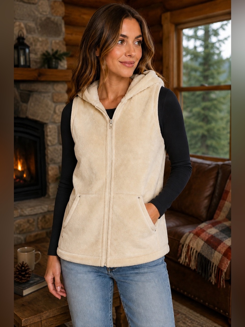 Pendleton Cream Plush Fleece Hooded Zip Vest Sleeveless Cozy Cabincore Outdoor